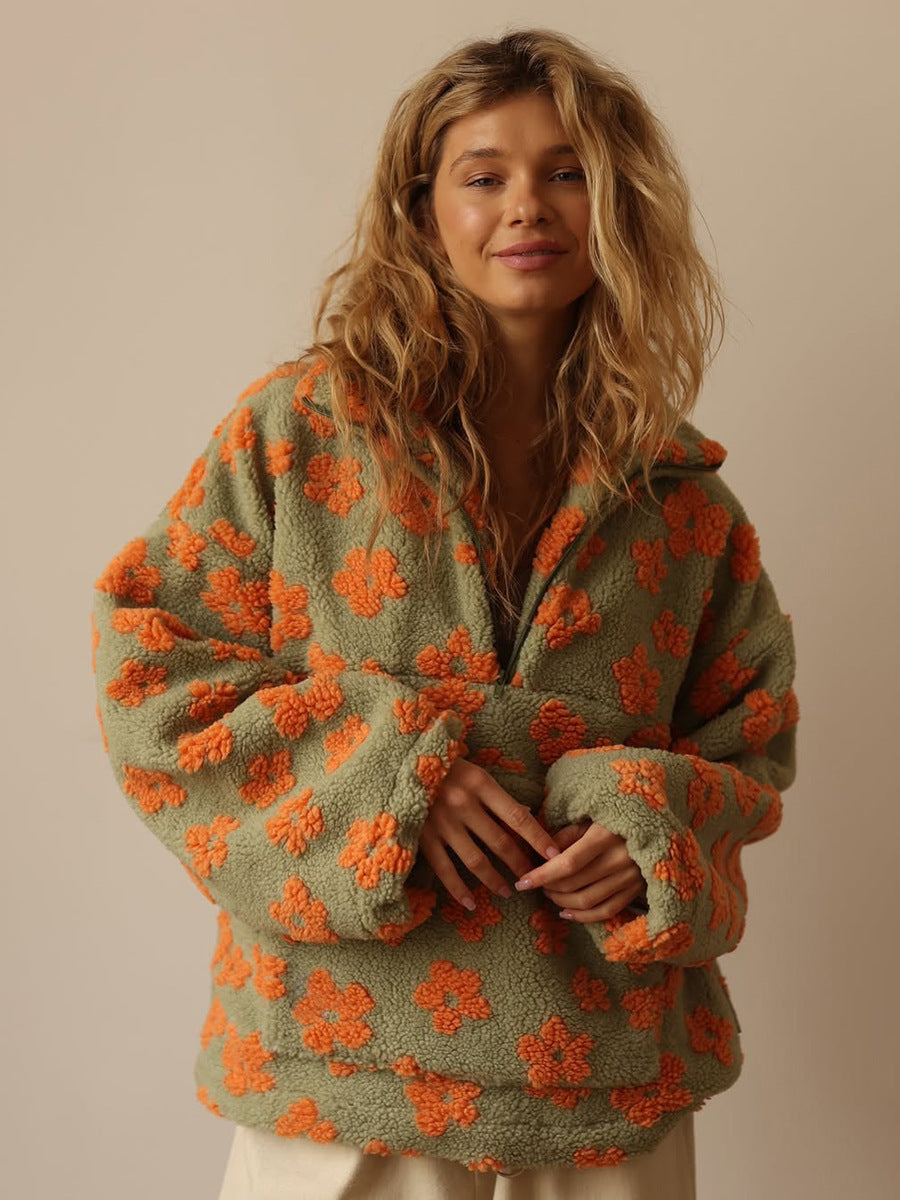 Margo & Main – floral sherpa half-zip pullover, front view, US women's sizes