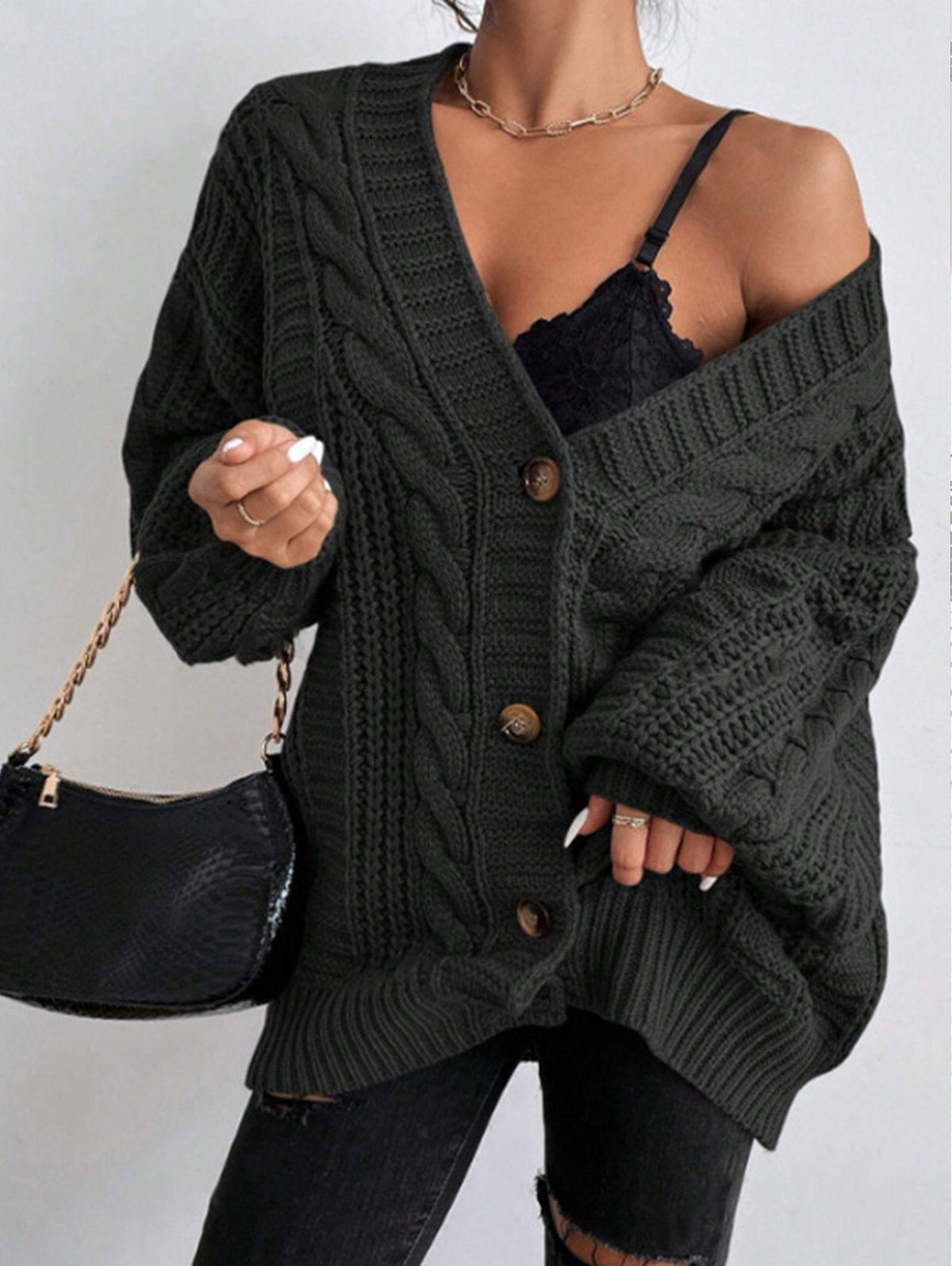 Idonea Chunky Cable Knit Lantern Sleeve Cardigan