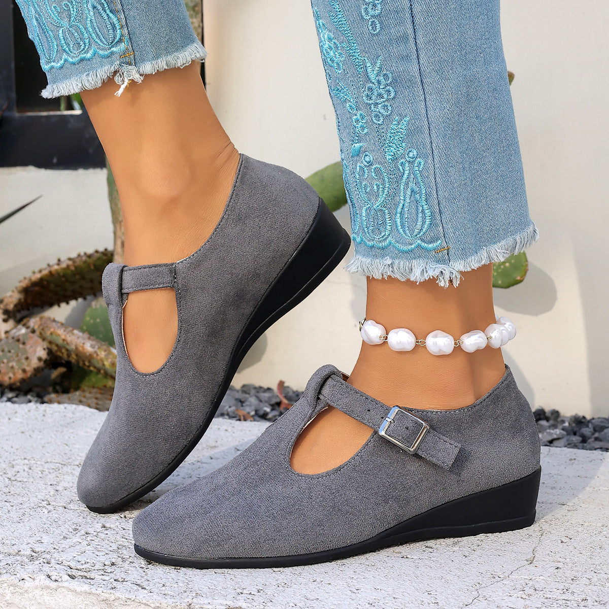 Margo & Main - gray suede T-strap wedge Mary Janes on the foot, US women's sizes