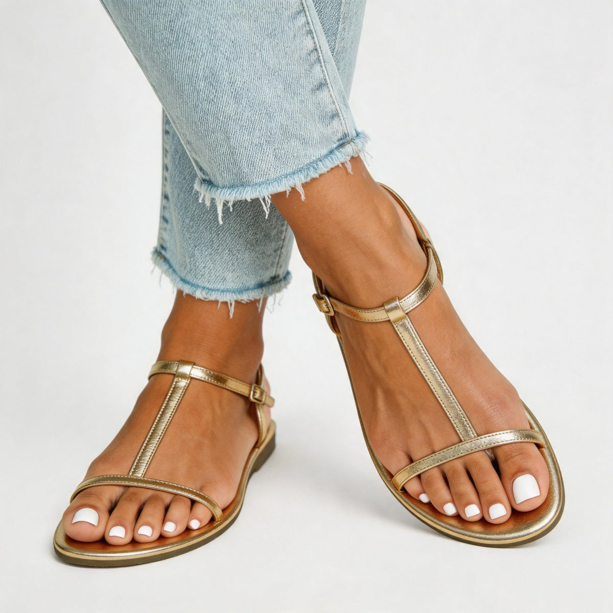 Giselle Metallic T-Strap Flat Sandals