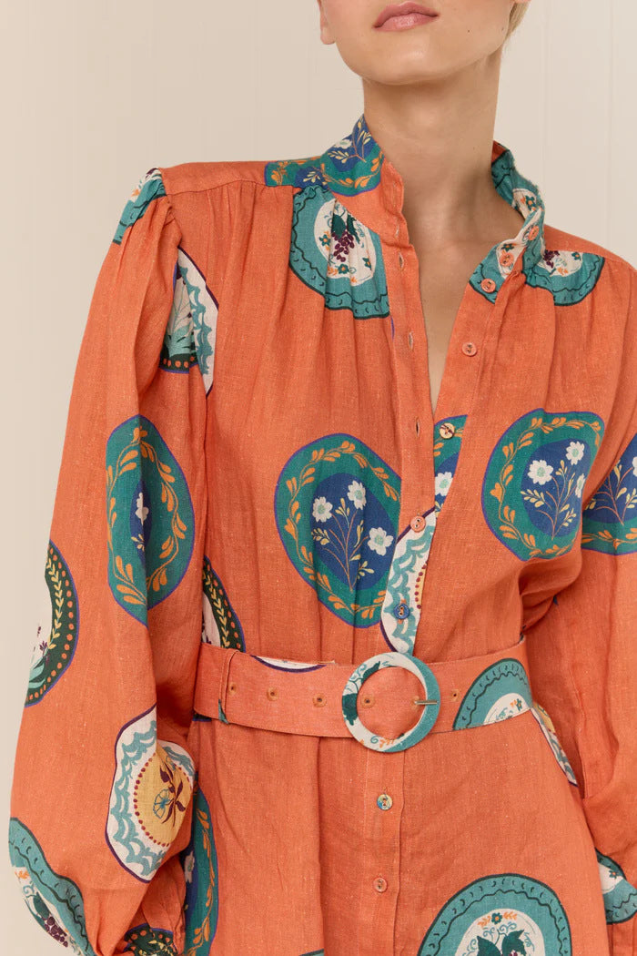 Rhoda Linen Floral Belted Shirt Dress