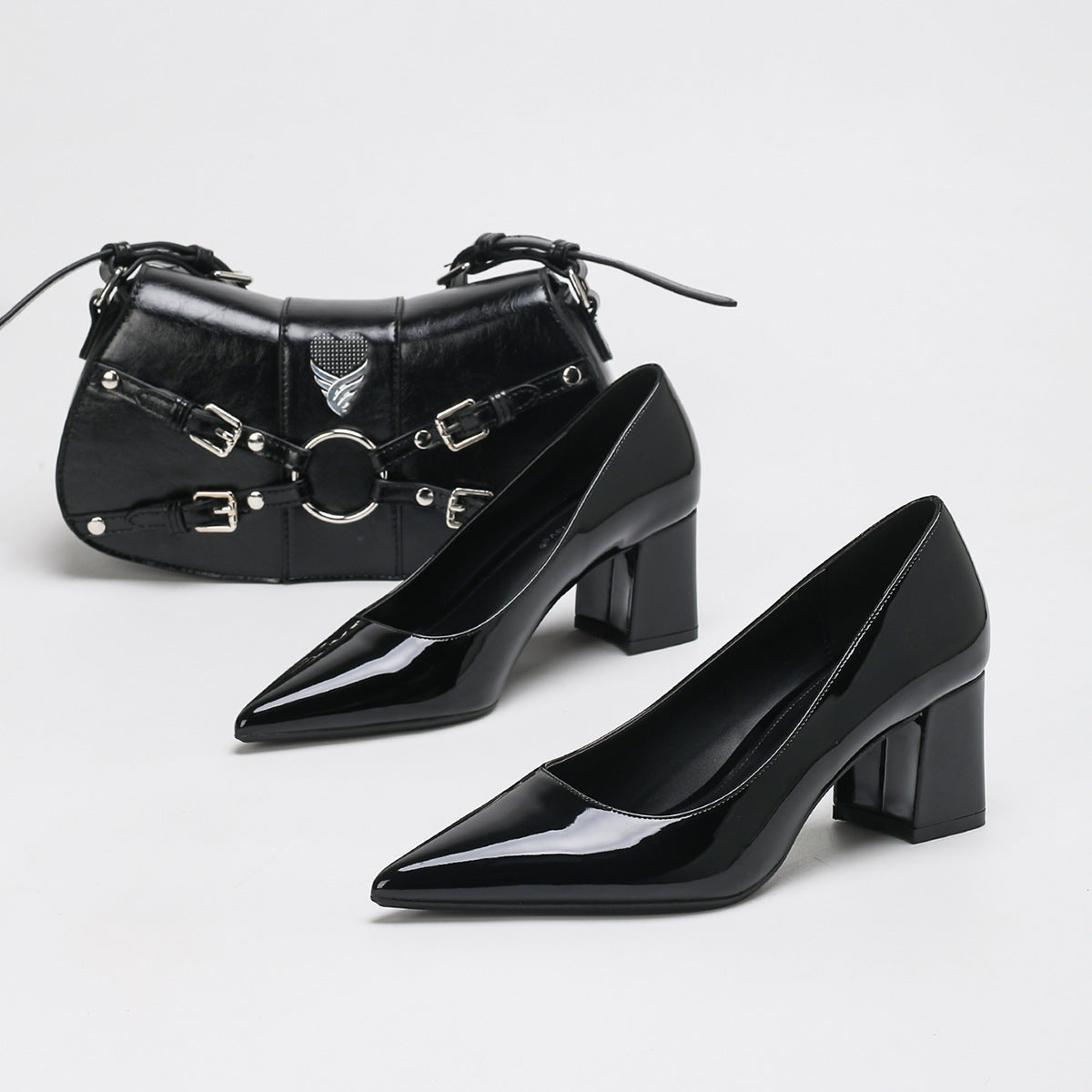 Margo & Main - black patent block heel pumps front view of the pair, US women's sizes
