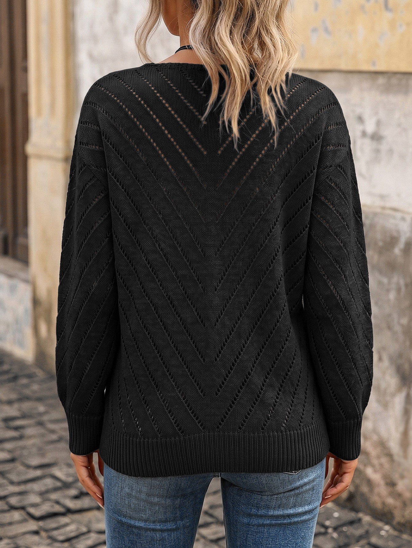 Margo & Main – pointelle v-neck knit pullover, worn view, US women's sizes