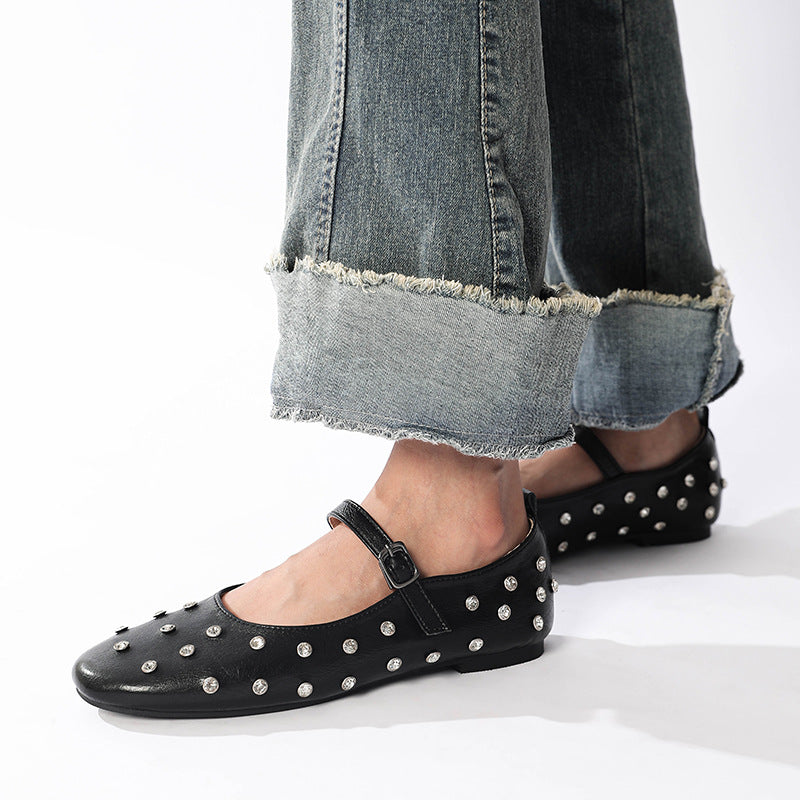Margo & Main – black rhinestone ballet flats worn with cuffed jeans, US women's sizes