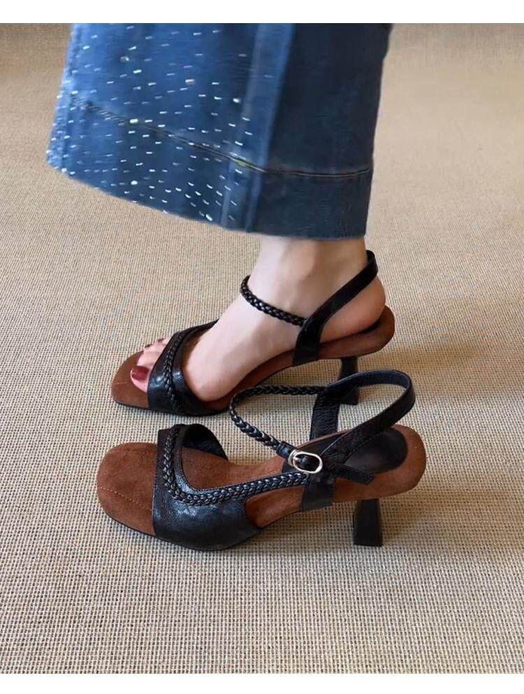 Elvira Genuine Leather Braided Low Heel Sandals