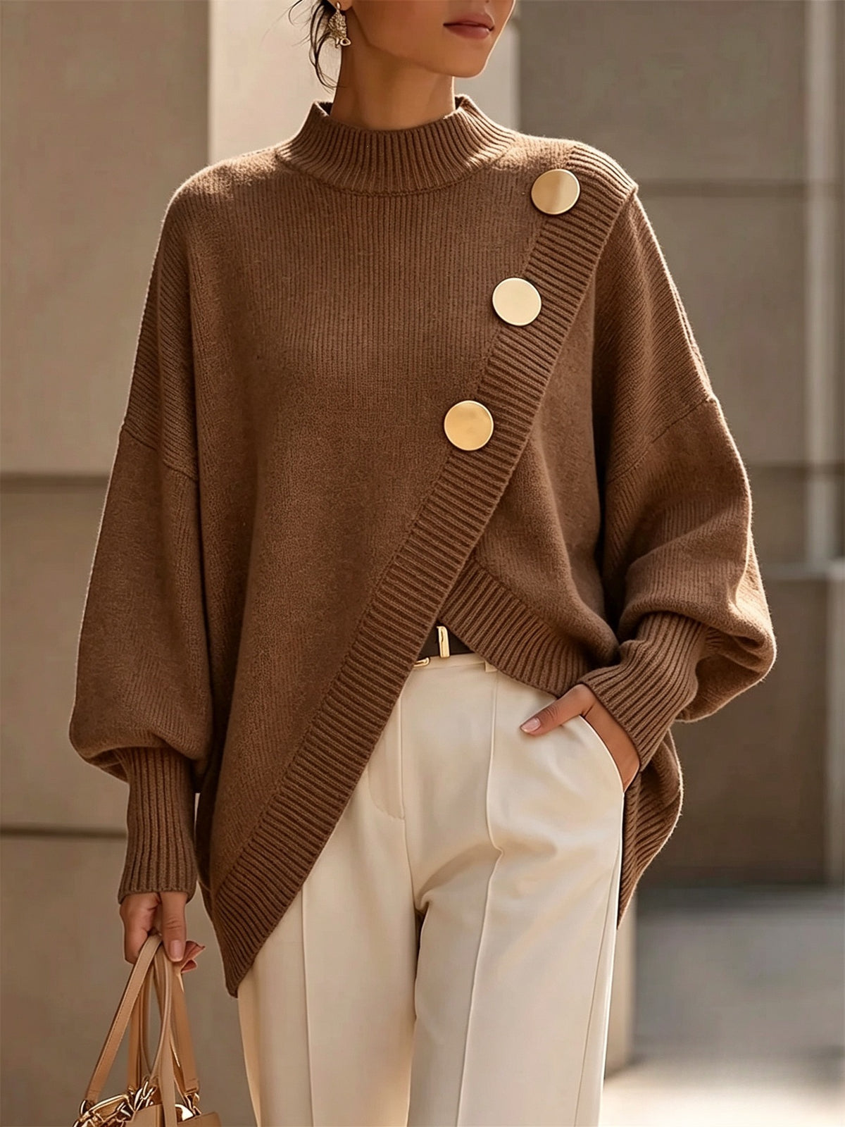 Winifred Asymmetric Button Mock Neck Sweater