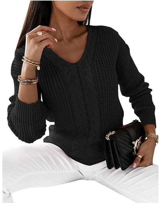 Delaney Cable Knit V-Neck Pullover Sweater