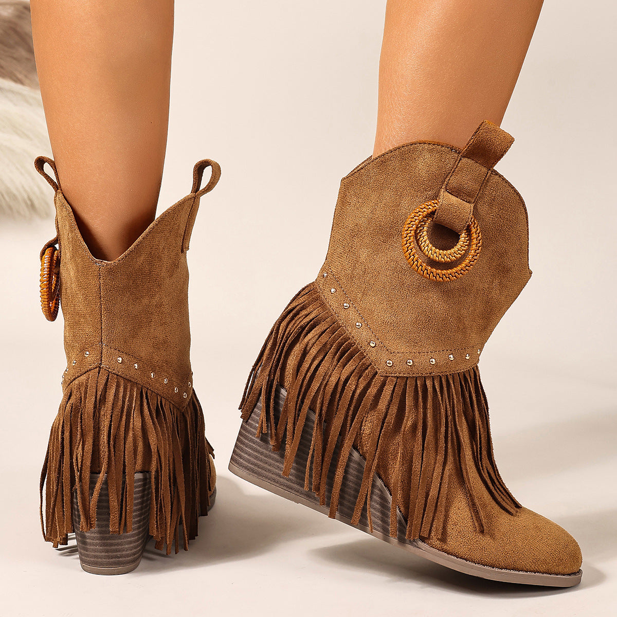 Mirren Fringe Studded Western Mid-Calf Boots