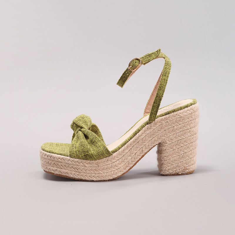 Margo & Main – Sage green bow wedge sandals, side profile product view, US women's sizes