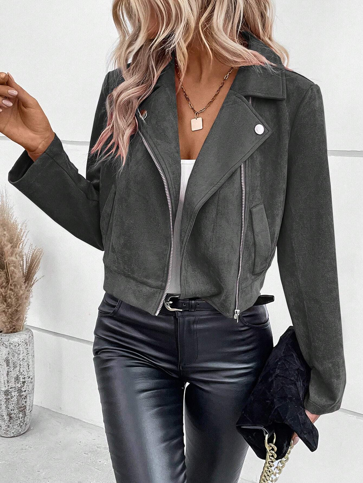 Anouska Cropped Faux Suede Moto Jacket