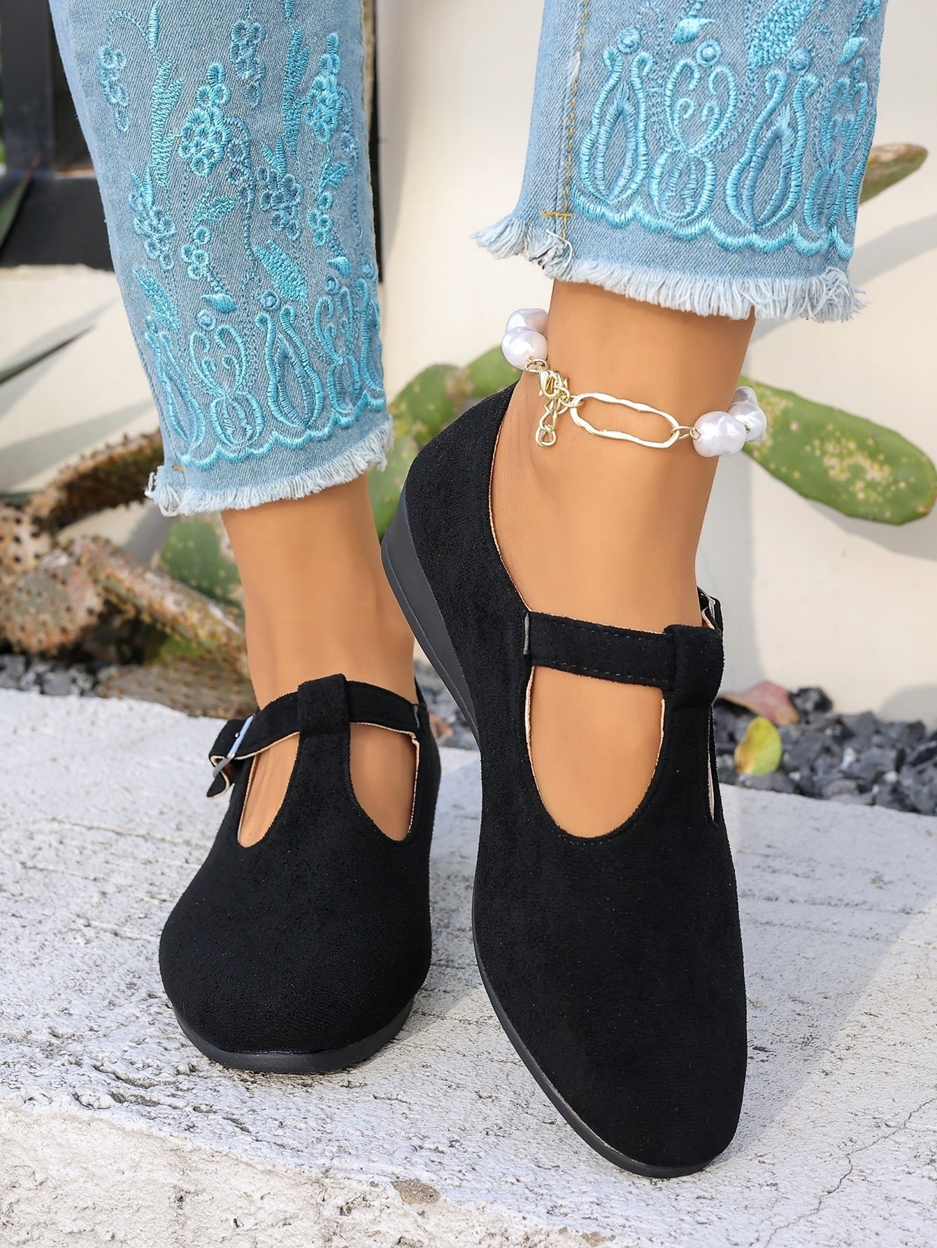 Cosette T-Strap Suede Wedge Mary Janes