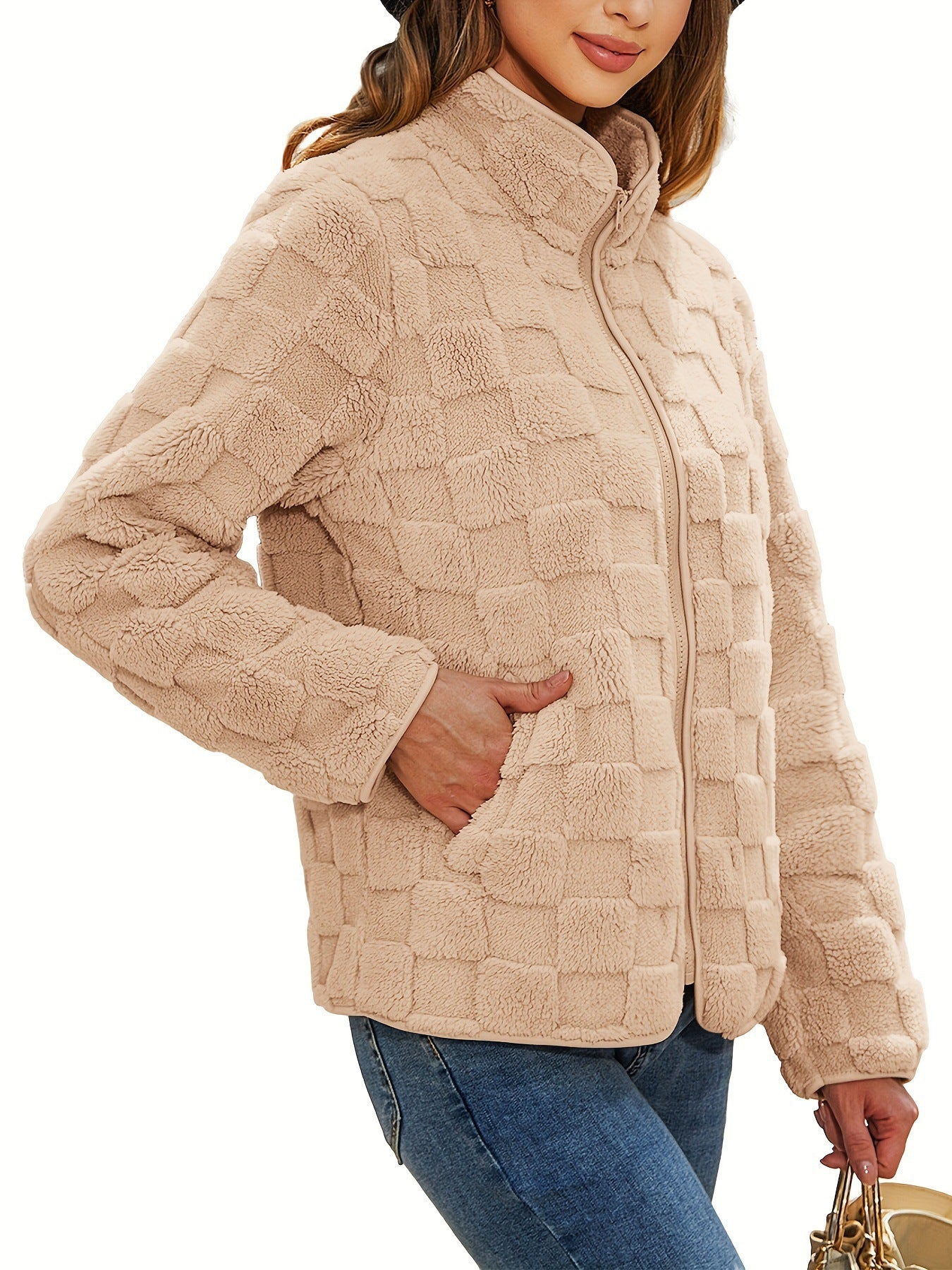 Margo & Main – checkered fleece zip-up jacket, front view, US women's sizes
