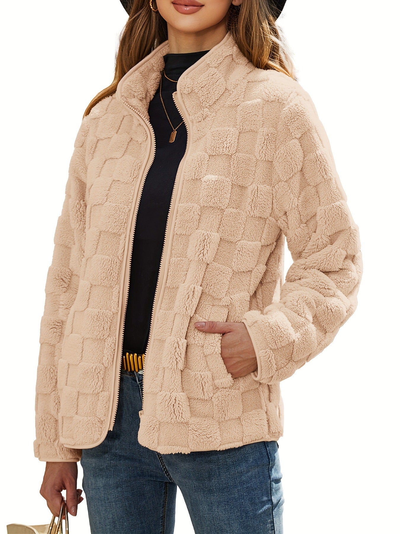 Margo & Main – checkered fleece zip-up jacket, styled view, US women's sizes