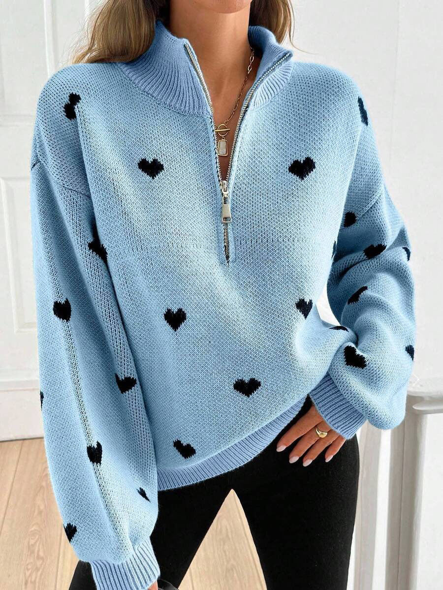 Margo & Main – heart print quarter-zip sweater, front view, US women's sizes