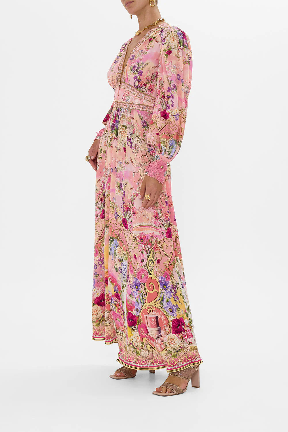 Margo & Main – floral chiffon puff sleeve maxi dress, close-up view, US women's sizes