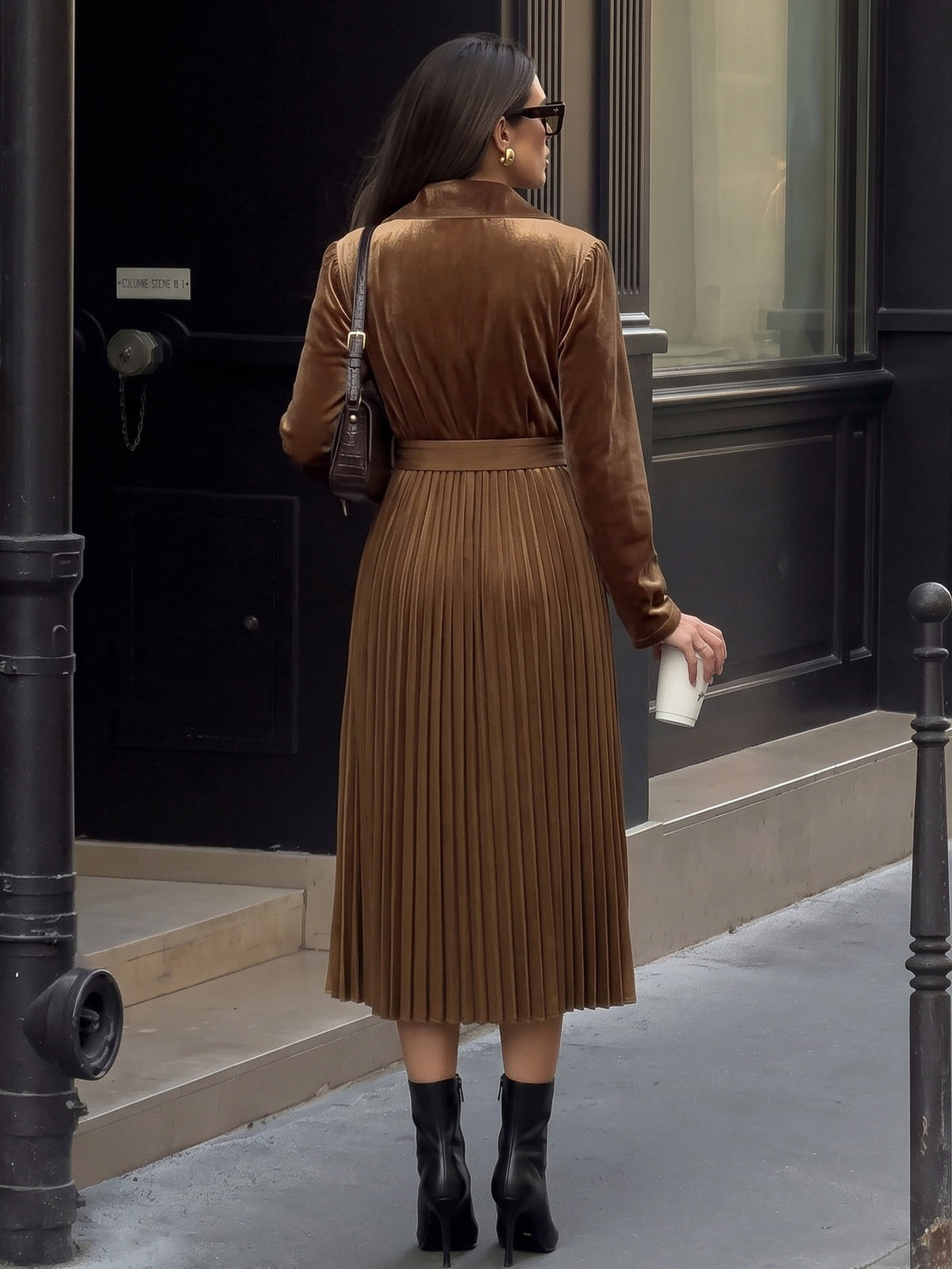 Margo & Main chocolate velvet pleated midi dress — back view of the belt and pleated skirt, US women's sizes