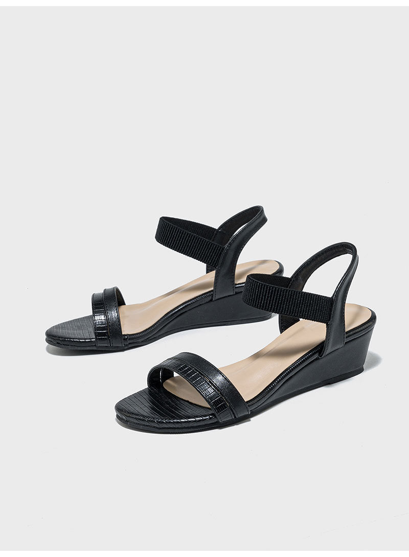 Margo & Main – textured strap low wedge sandals, styled view, US women's sizes