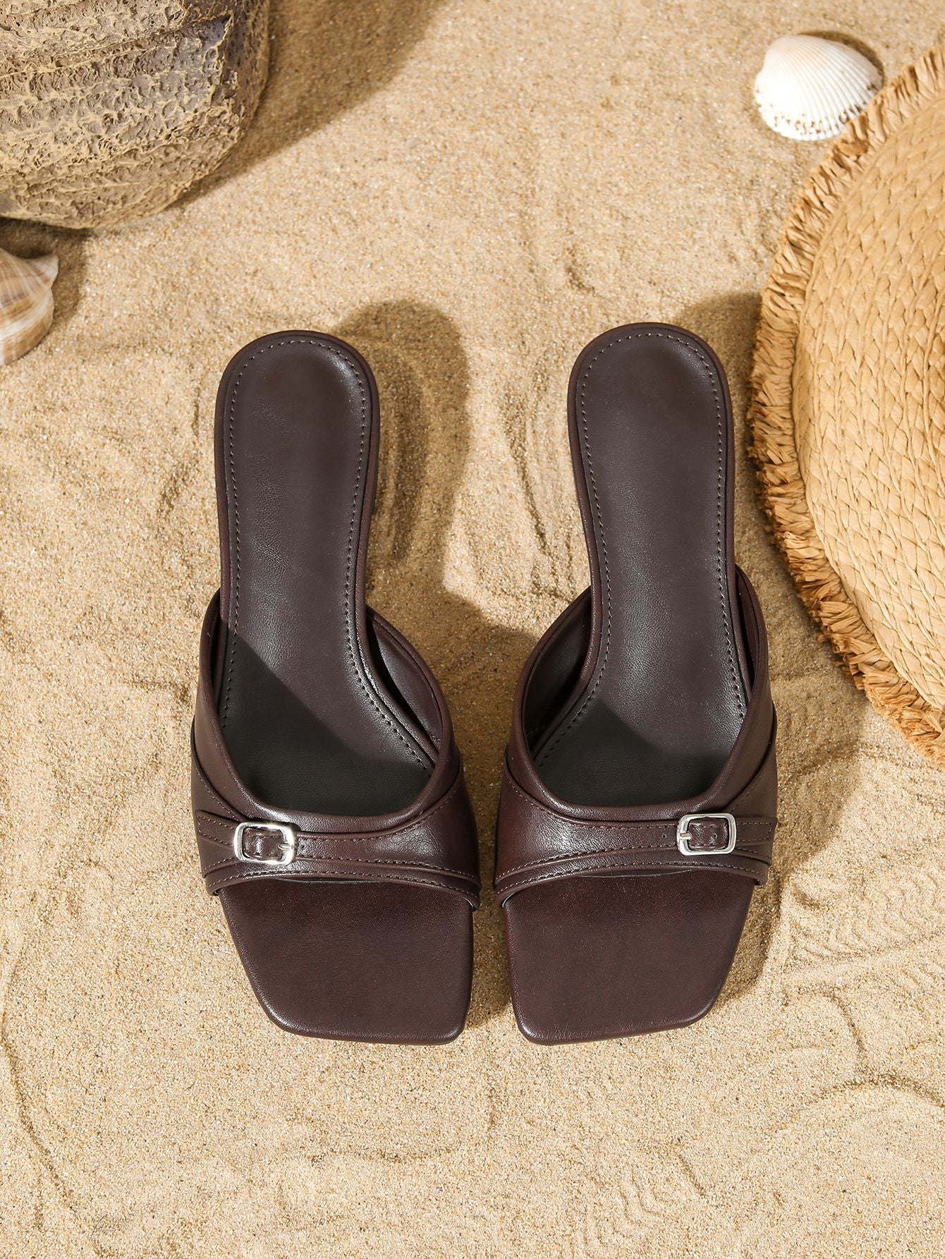 Margo & Main – brown square-toe buckle block heel mules, styled view, US women's sizes