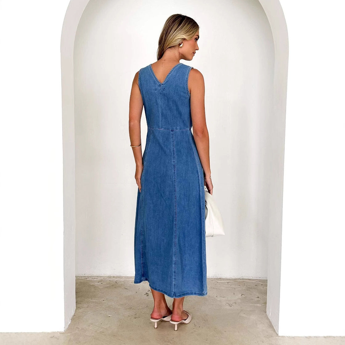 Margo & Main – blue denim sleeveless maxi dress back view with V back, US women's sizes