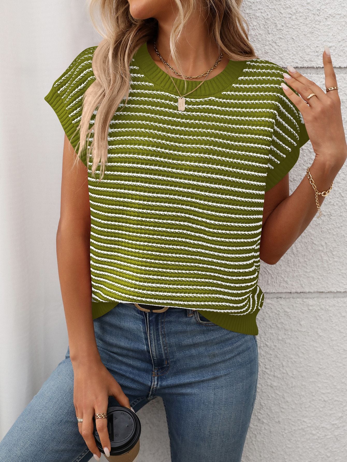 Irene Striped Textured Cap Sleeve Knit Top