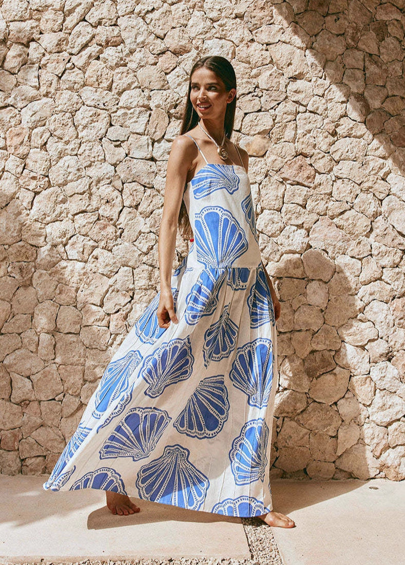 Margo & Main – blue shell print sleeveless maxi dress full front view, US women's sizes