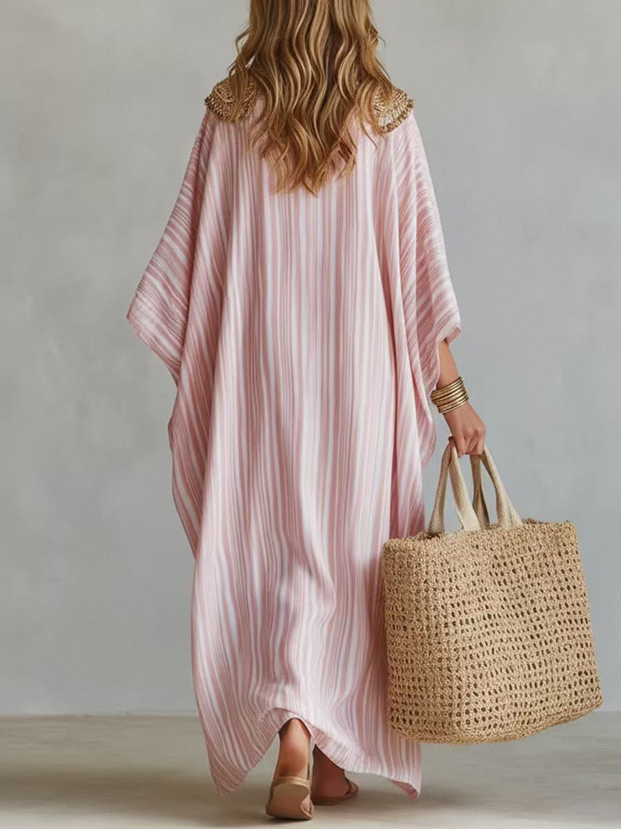 Margo & Main – striped v-neck caftan maxi dress, side view, US women's sizes