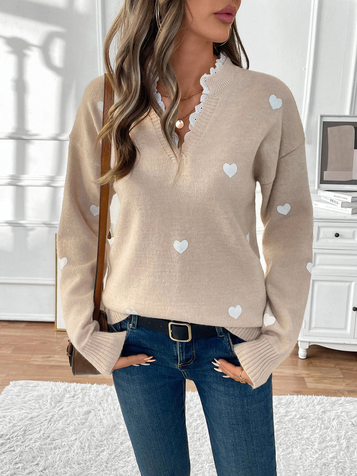 Candela Heart Embroidered Lace V-Neck Sweater