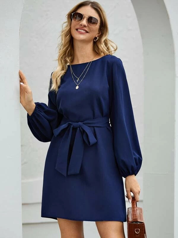 Margo & Main – boat neck tie-waist a-line dress, full length view, US women's sizes