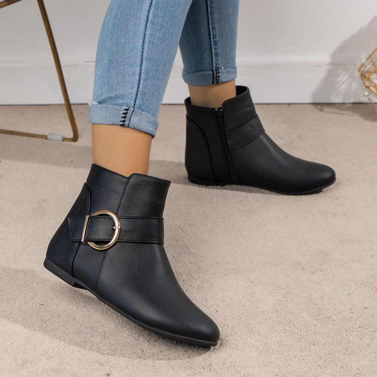 Effie Buckle Strap Side-Zip Flat Ankle Boots