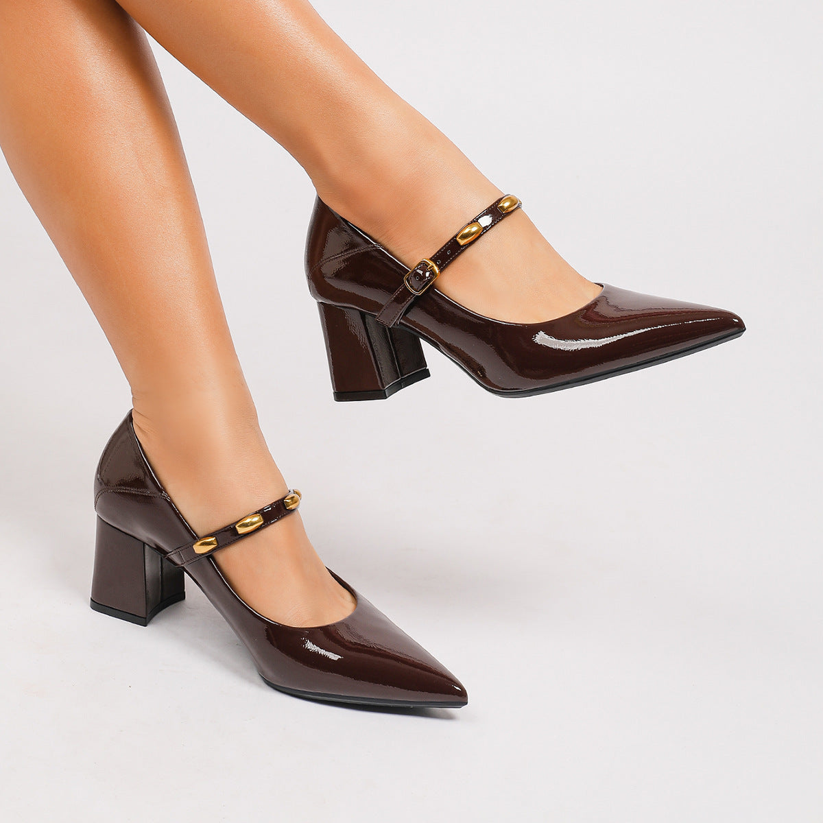 Margo & Main - brown patent Mary Jane pumps glossy strap texture detail, US women's sizes