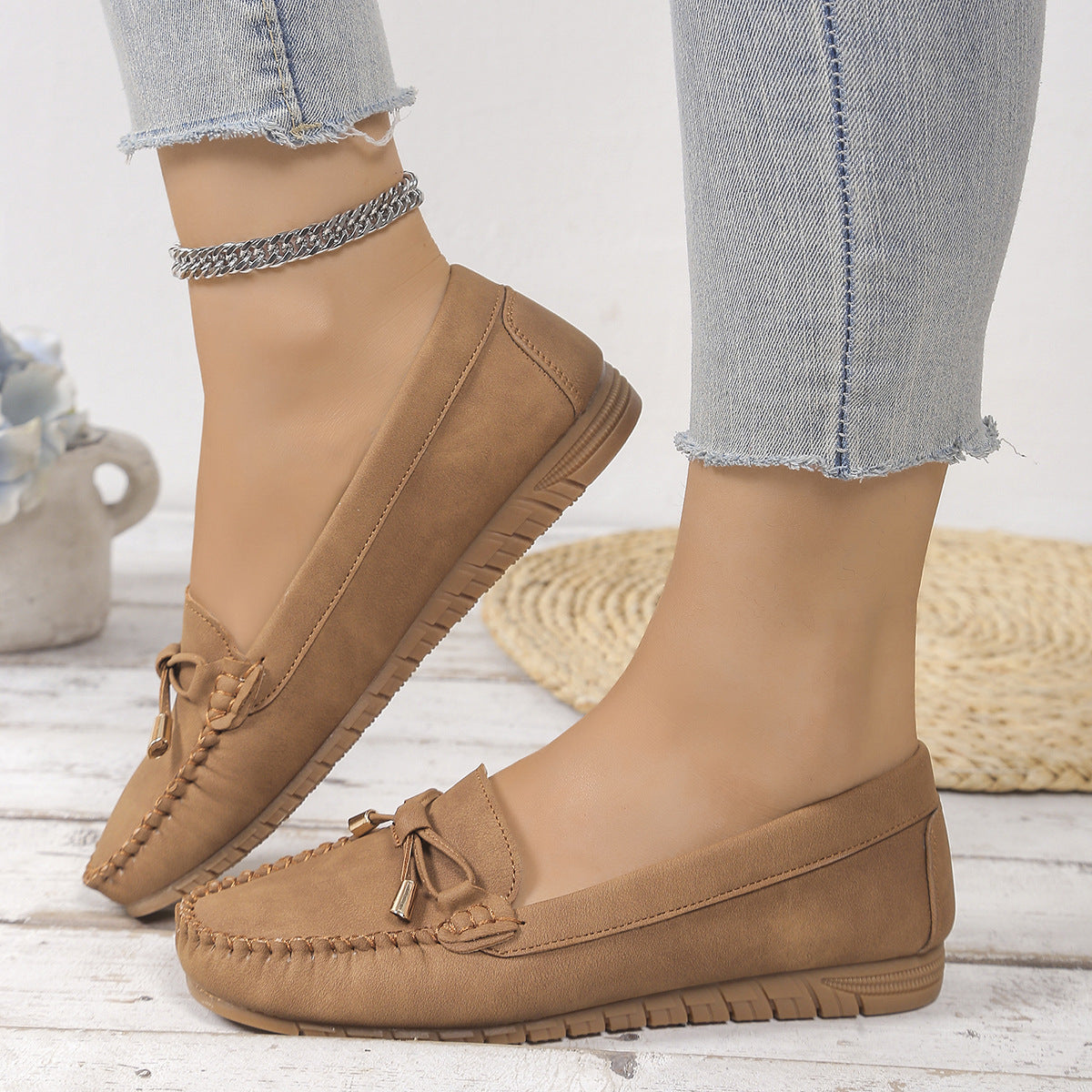Margo & Main – camel loafers worn, whipstitched edge and heel collar view, US women's sizes