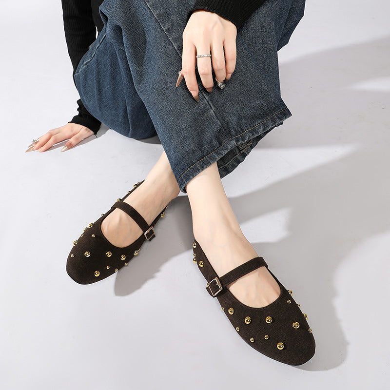 Margo & Main – dark brown suede mary jane flats worn seated, styled, US women's sizes