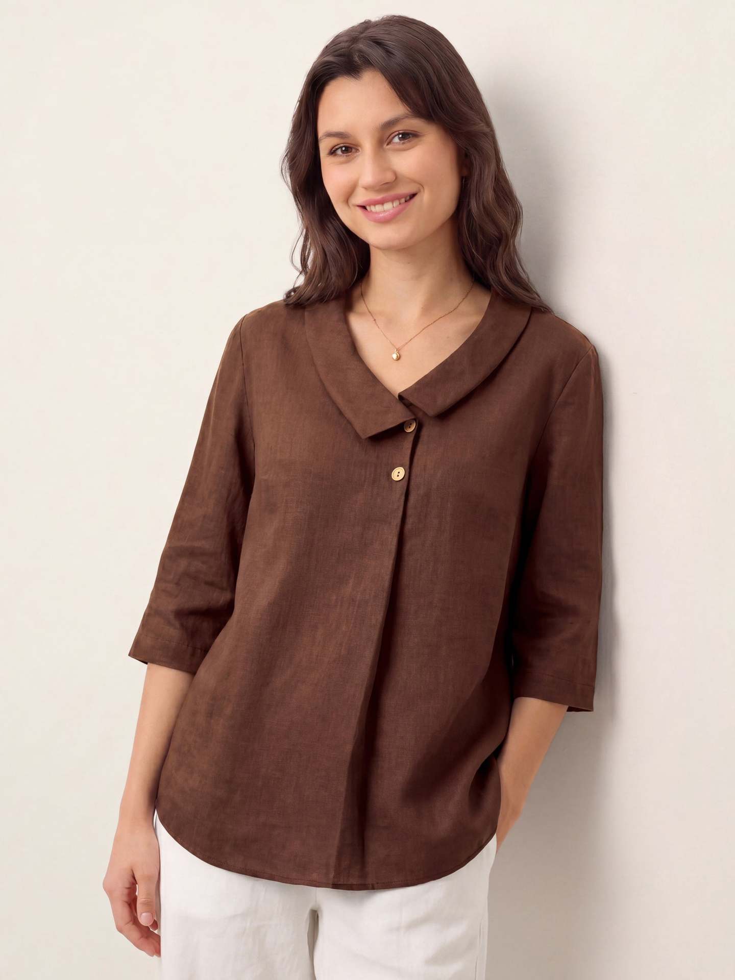 Margo & Main – Bettina coffee brown tunic blouse, front view on model, US women's sizes