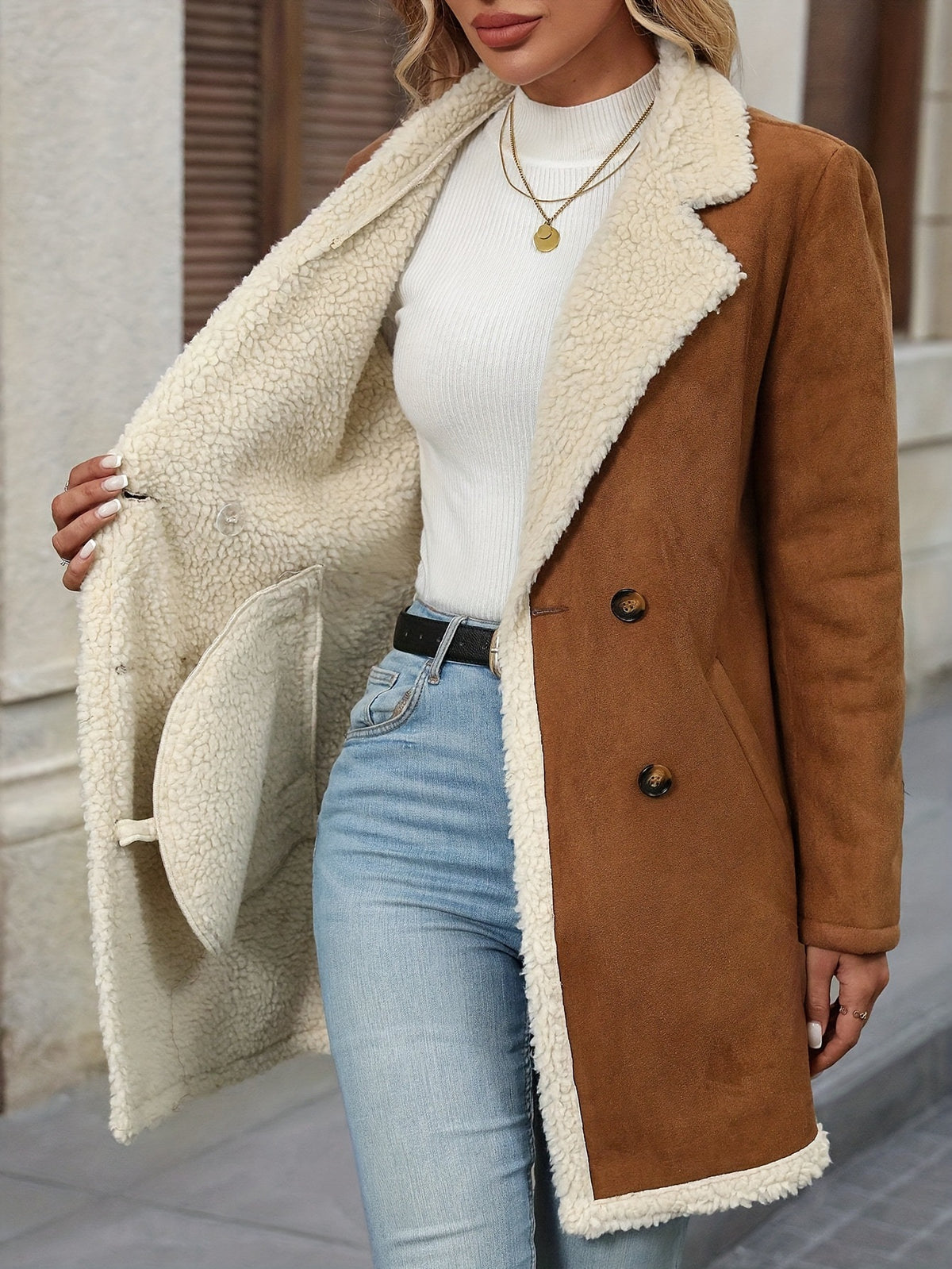 Nicolette Faux Suede Sherpa Trim Coat