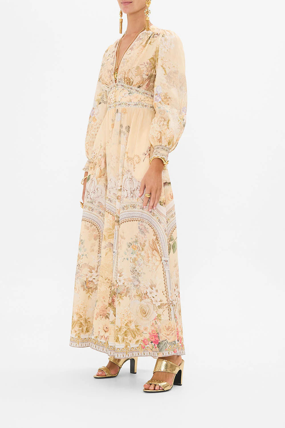 Margo & Main – floral chiffon puff sleeve maxi dress, side view, US women's sizes
