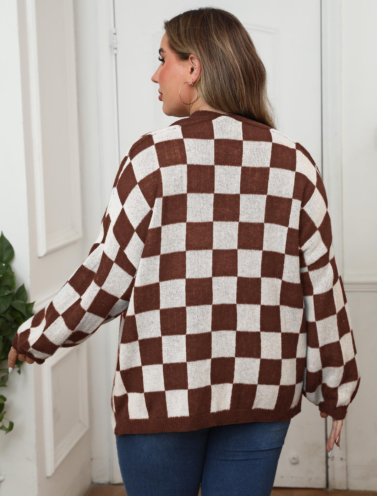 Orabelle Checkerboard Plus Size Open Front Cardigan