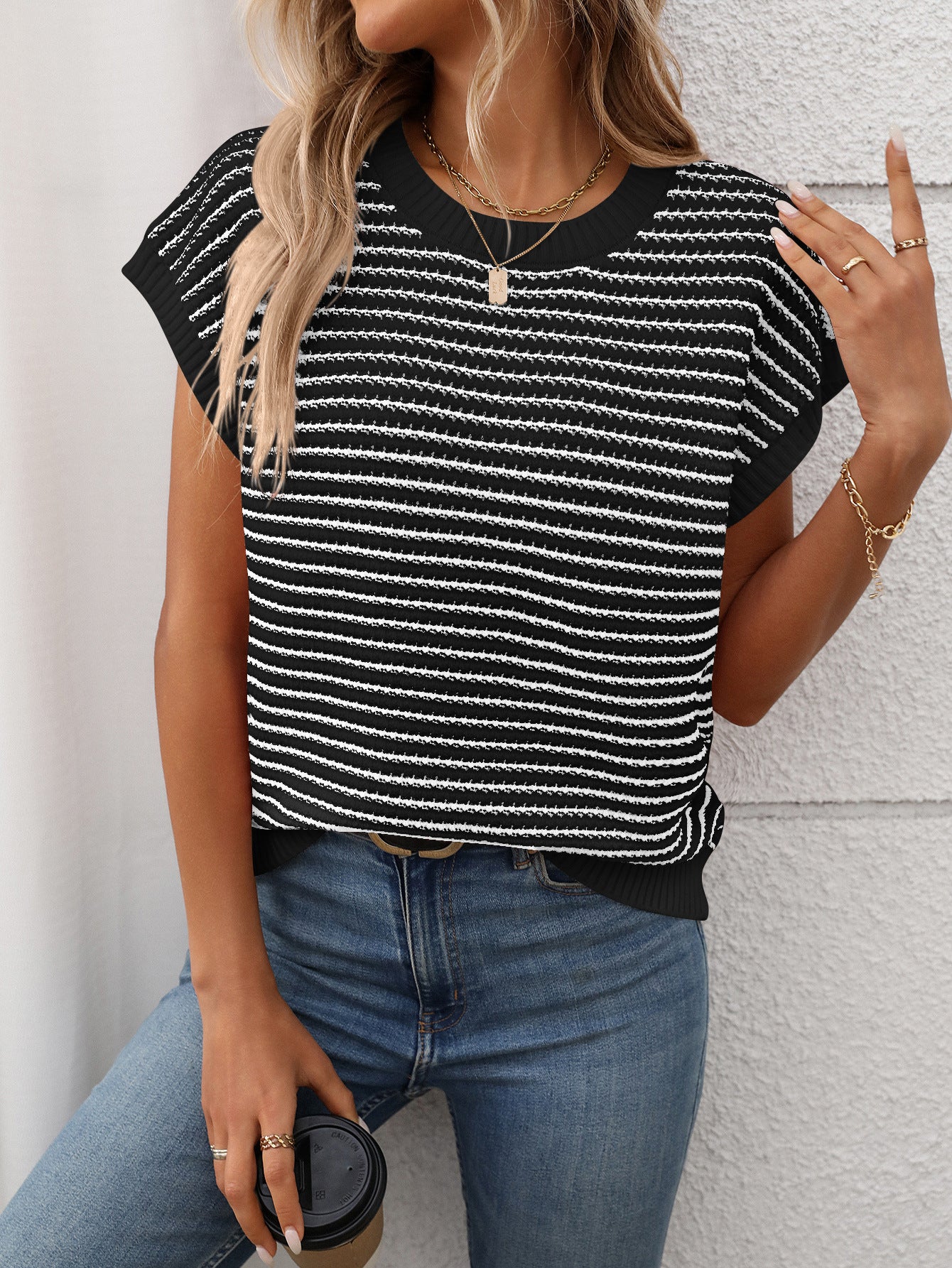 Irene Striped Textured Cap Sleeve Knit Top