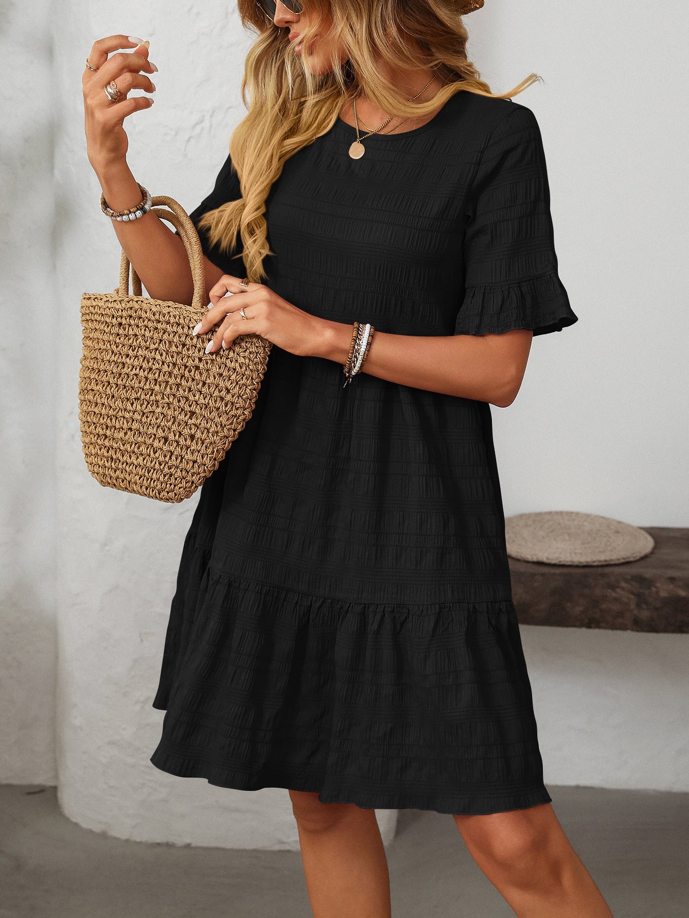 Vianne Textured Tiered Short-Sleeve Dress