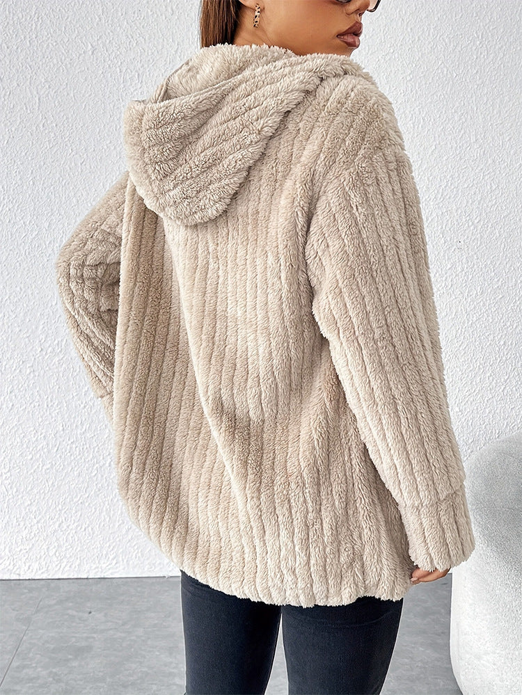 Margo & Main - tan hooded fleece jacket back view showing ribbed plush pile, US women's sizes