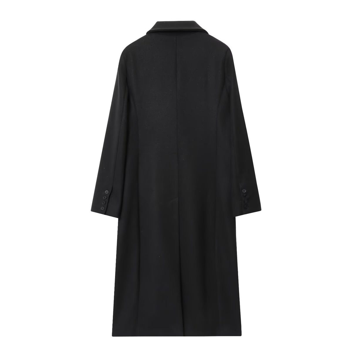 Margo & Main – Esme black double-breasted longline wool coat, flat product shot back, US women's sizes