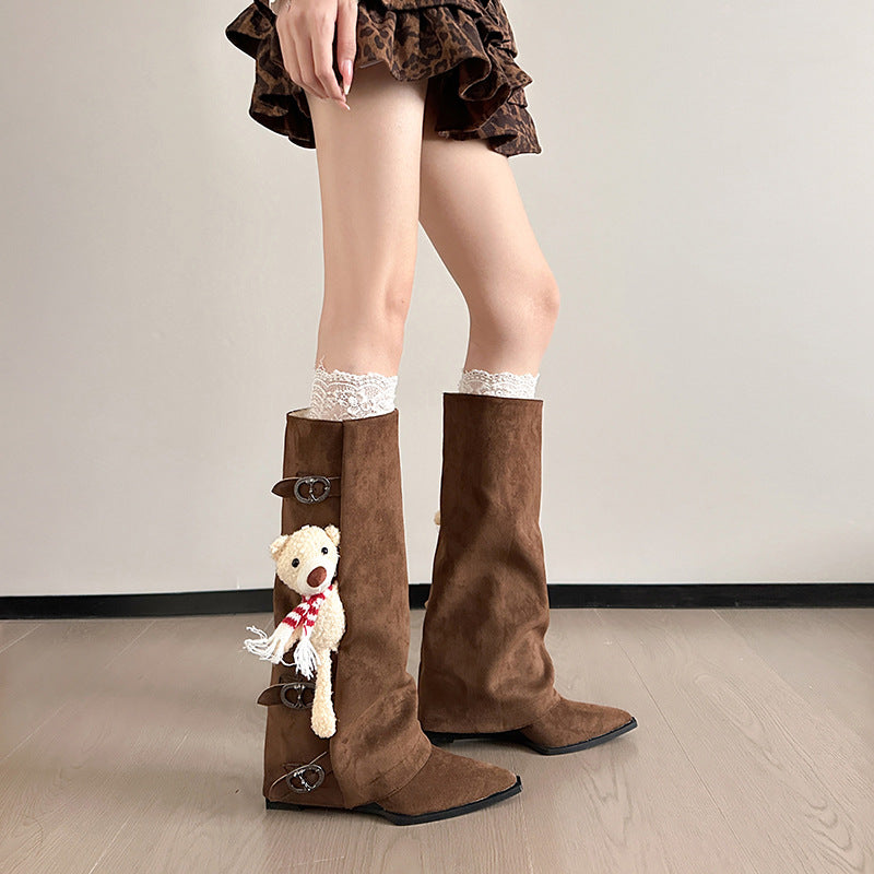 Georgette Suede Fold-Over Buckle Knee-High Boots