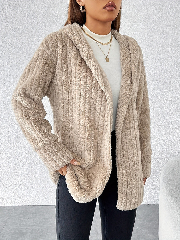 Margo & Main - tan hooded fleece jacket side view with dropped shoulders, US women's sizes