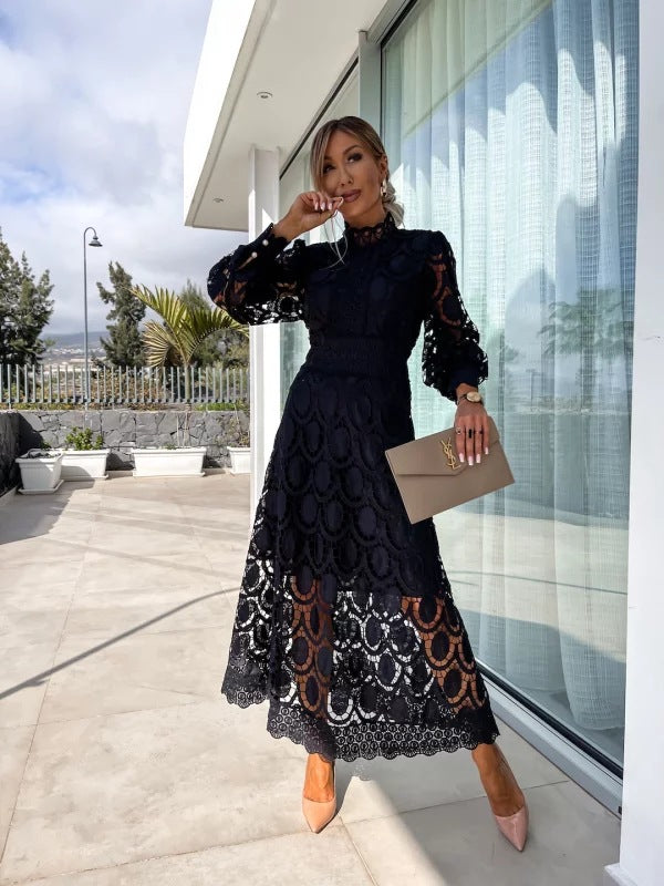 Margo & Main – Black crochet lace midi dress, full-length front view on model, US women's sizes
