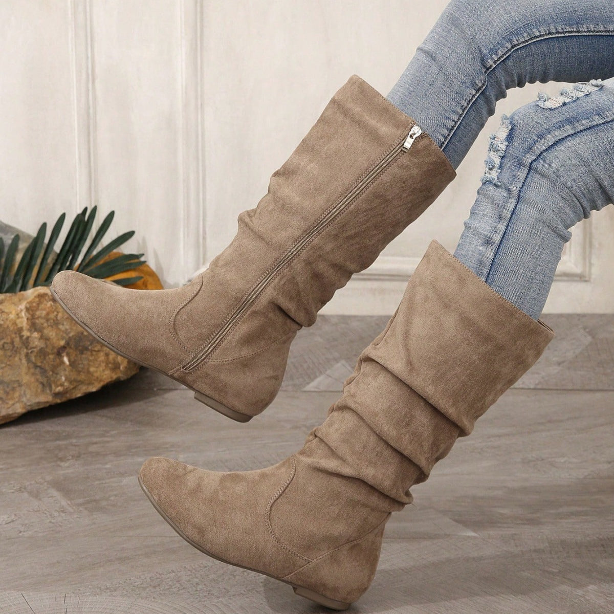 Frida Slouch Mid-Calf Flat Suede Boots