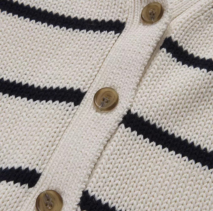 Margo & Main – striped button-front knit cardigan, close-up view, US women's sizes