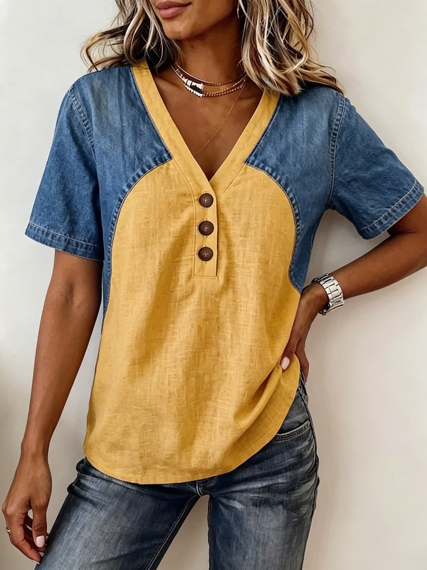 Alexandra Denim Contrast V-Neck Blouse