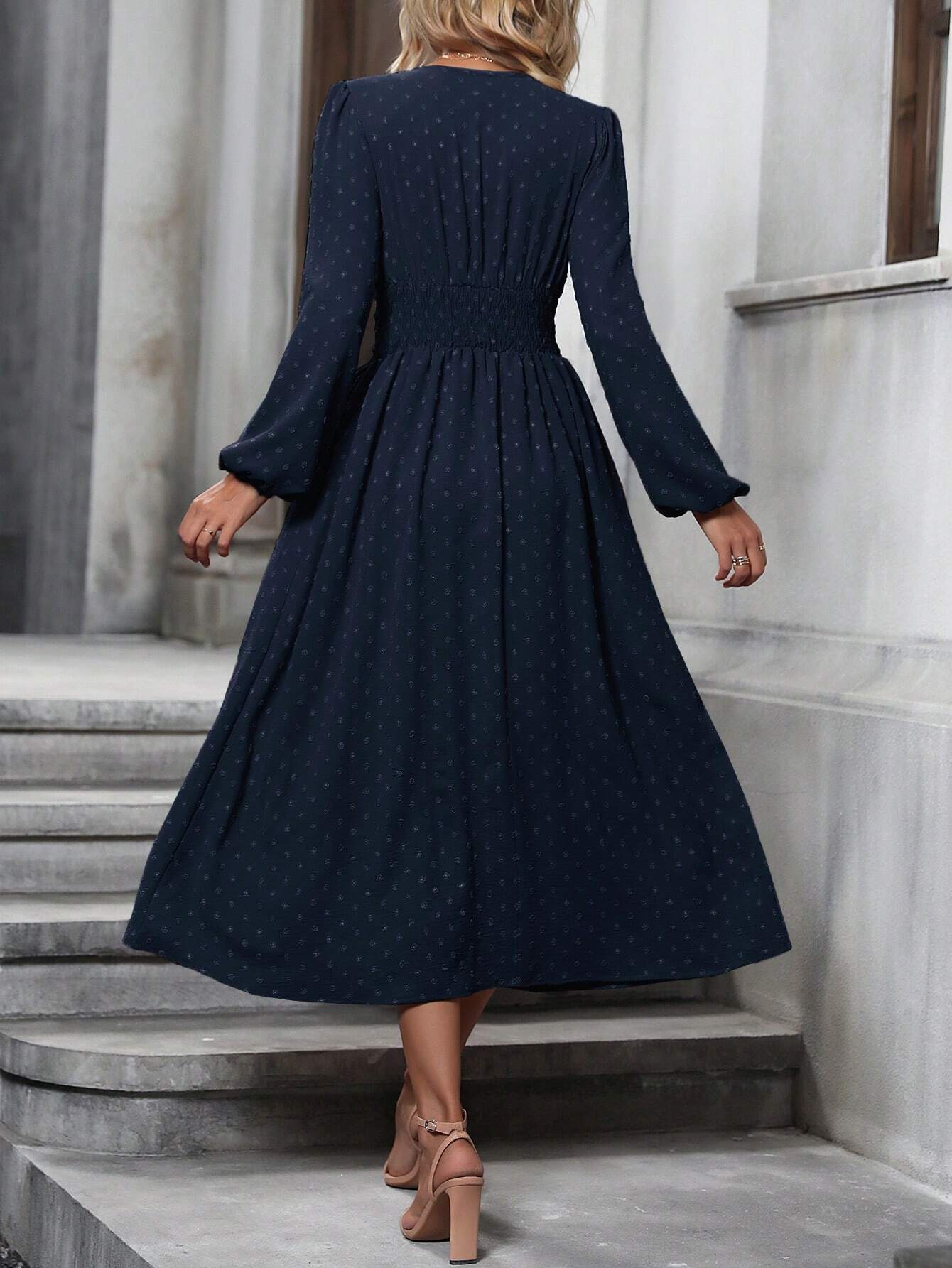 Margo & Main – swiss dot lantern sleeve midi dress, styled view, US women's sizes