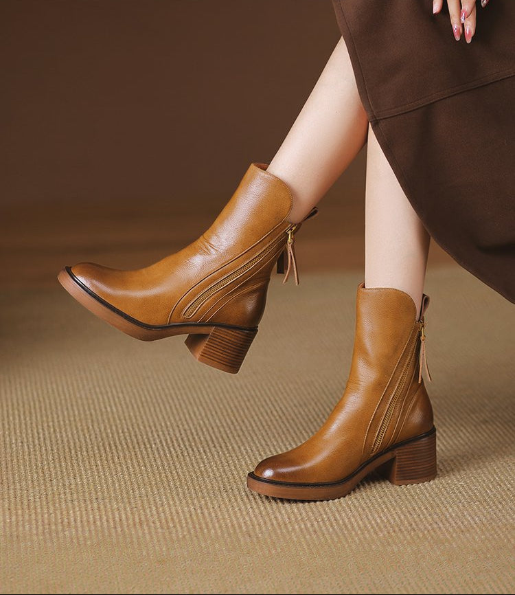 Margo & Main – side-zip stacked heel cowhide ankle boots, styled view, US women's sizes