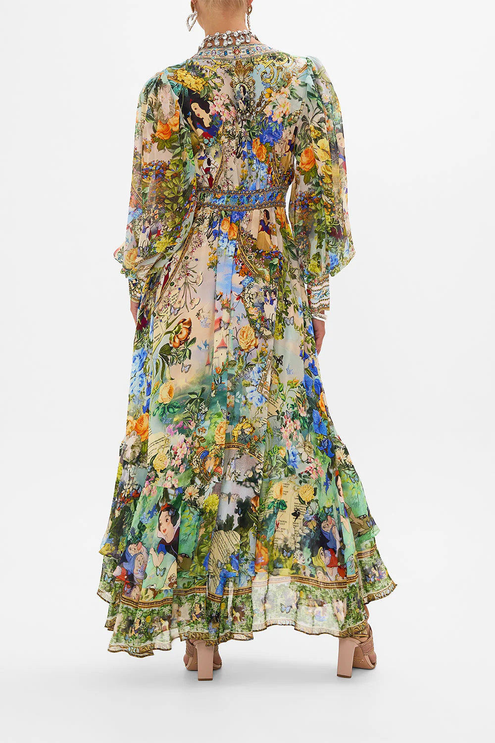 Margo & Main – floral chiffon puff sleeve maxi dress, angled view, US women's sizes