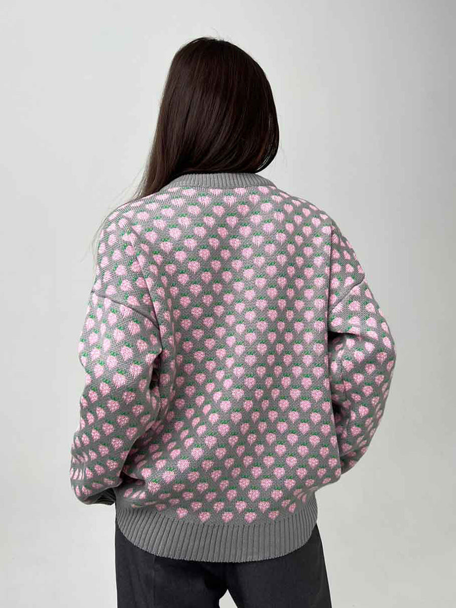 Alodie Strawberry Jacquard Crew Neck Sweater